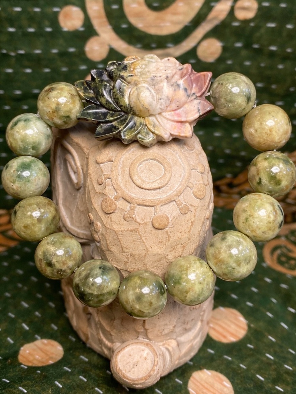 Lotus Garden Jade 🌸💚✨ Jadeite 13mm with Rhodonite Lotus Carving